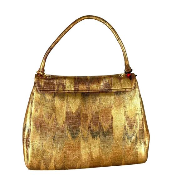 VTG 50s INGE Flap Satchel Bag Gold Chevron Leather Old Money Filigree Flower NWT - Picture 2 of 9